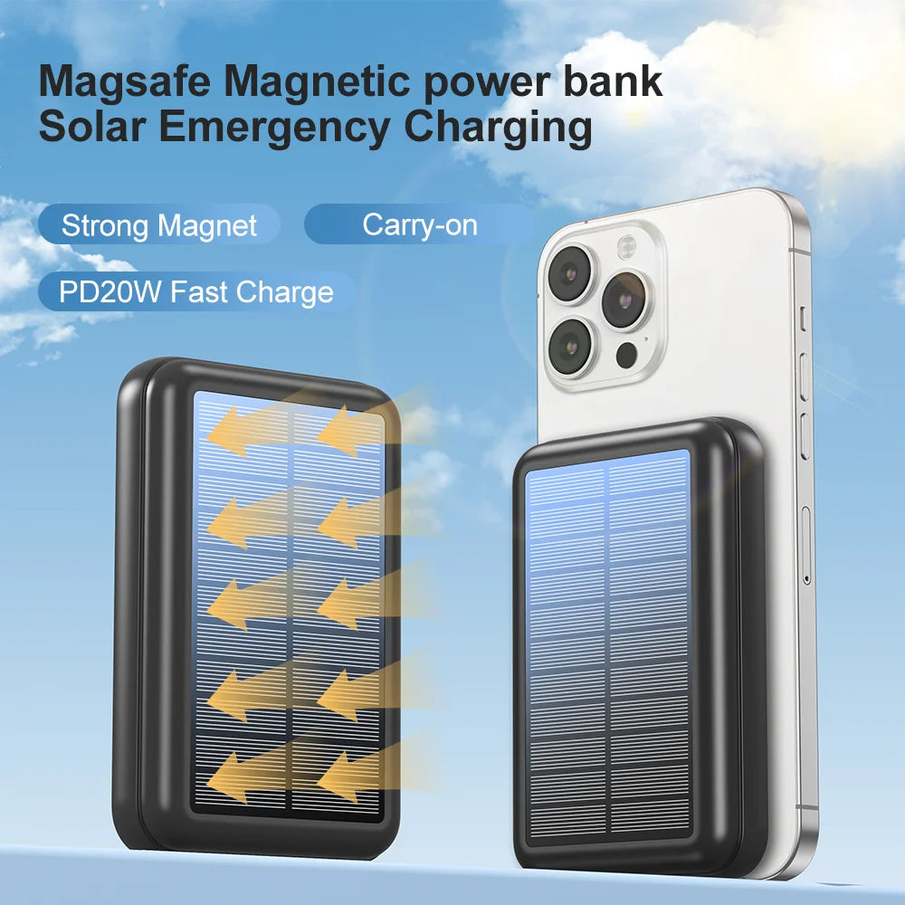 MagSafe Solar Power Bank 10000mAh-15W WirelessCharging & 20W PD Fast Charge | Portable Solar Charger for iPhone 16/15/14/13/12
