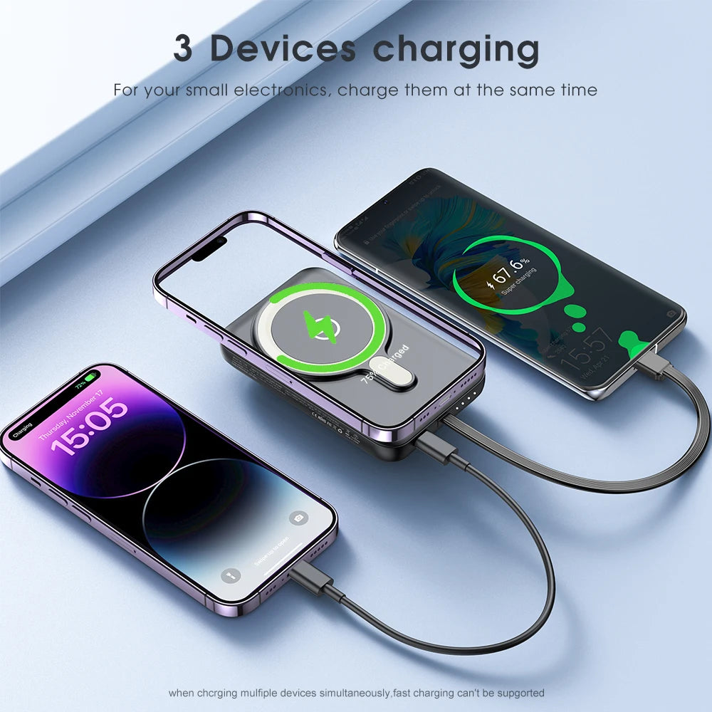 10000mAh MagSafe Power Bank for iPhone 16/15/14-Magnetic Wireless Charger with Built-in Fast Charge Cable &Adjustable Ring Stand