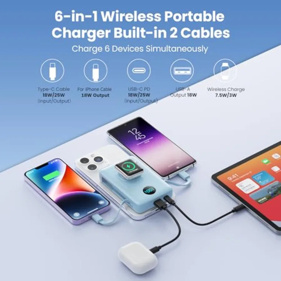 6 in 1 Magnetic Portable Charger for iPhone with Built-in Cables 25W PD Fast Charging Power Bank 6 Outputs LCD Display Travel E