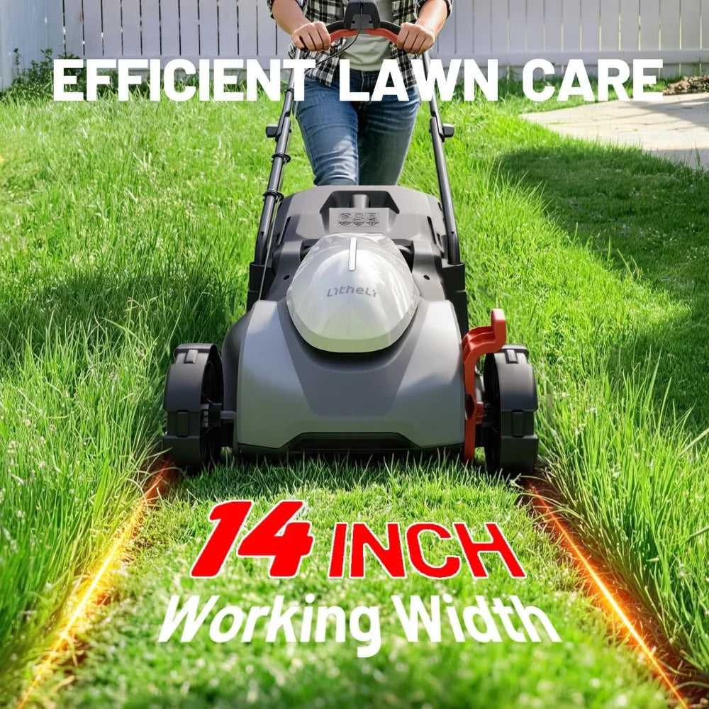 14 Inch Cordless Lawn Mower, Brushless Motor Push Mower with 5.0Ah Battery & Charger, Cuts up to 3500 Sq. Ft, 5-Position Height Adjustment (1-2.5 in), Lightweight Design