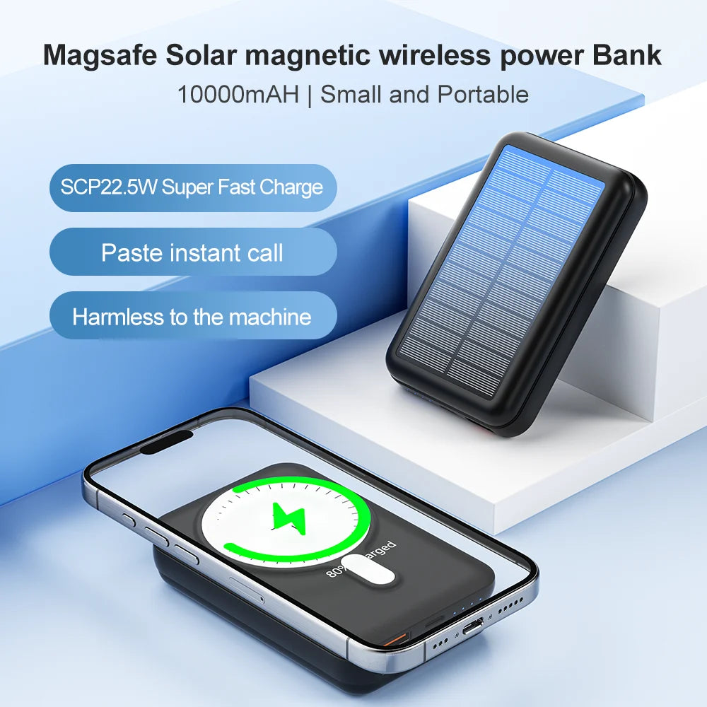 MagSafe Solar Power Bank 10000mAh-15W WirelessCharging & 20W PD Fast Charge | Portable Solar Charger for iPhone 16/15/14/13/12