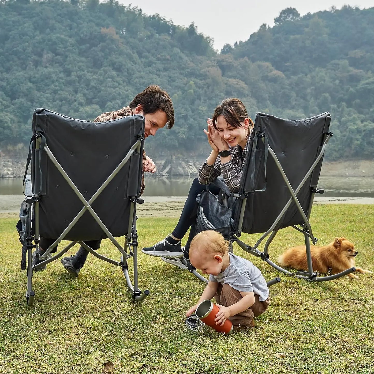Gray Set of 2 Oversized Foldable Rocking Camping Chairs, Padded Portable Heavy Duty Hard Arm Rocker for Adults, 400LBS Weight Capacity for Patio Lawn Outdoor Use