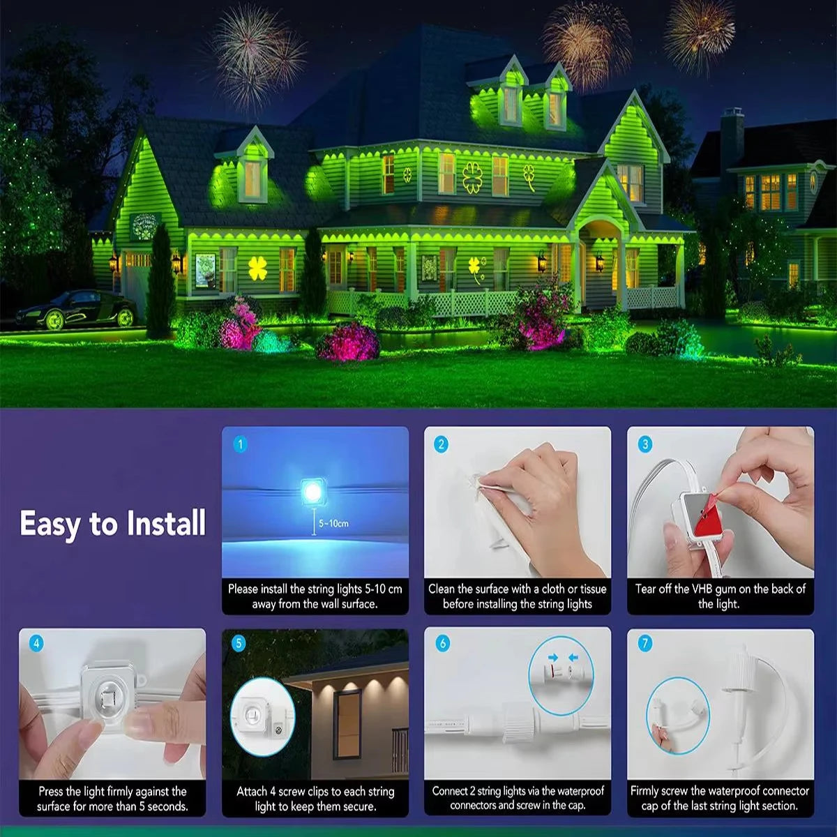 150FT 90 LED APP Control Permanent Outdoor Eaves Lights Smart RGBIC DIY LED String Lights Full House Christmas Lighting Decor