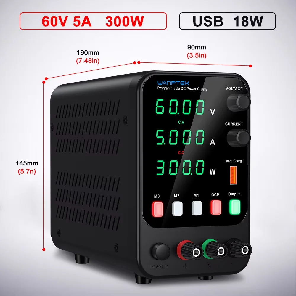 Wanptek Laboratory DC Power Supply 30V 10A 60V 5A 120V 3A with USB Fast Charging Adjustable Voltage Current Bench Power Supply