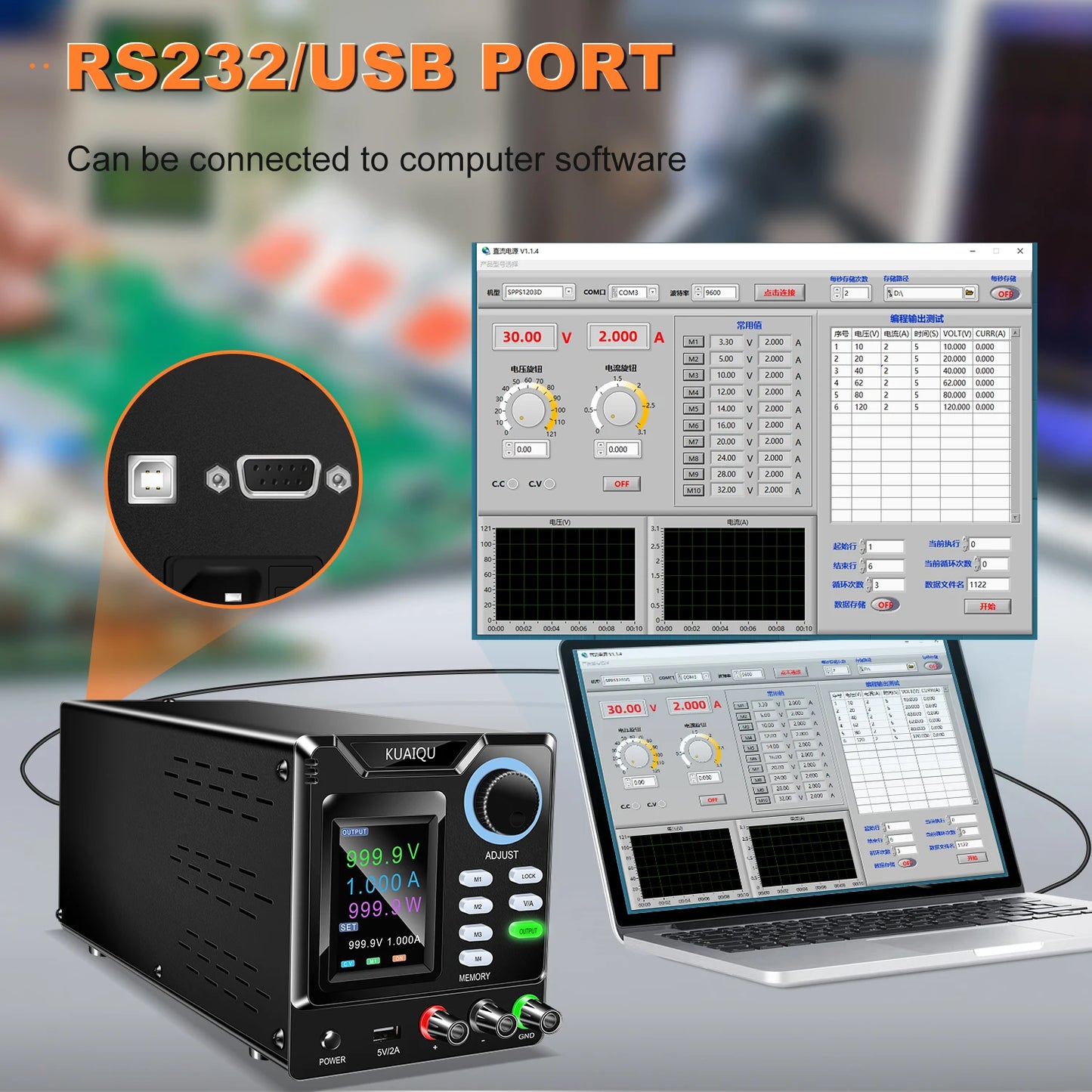 KUAIQU RS232/USB Programmable DC Power Supply Adjustable 1000V 400V 800V 600V1A 30V 10A 5A Memory Storage, Output, Software PC