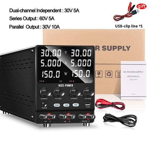 NICE-POWER SPS3010-2KD Lab Power Supply Adjustable 30V 10A  Dual Channel Power Source USB, Series, Parallel Output 120V3A 60V5A