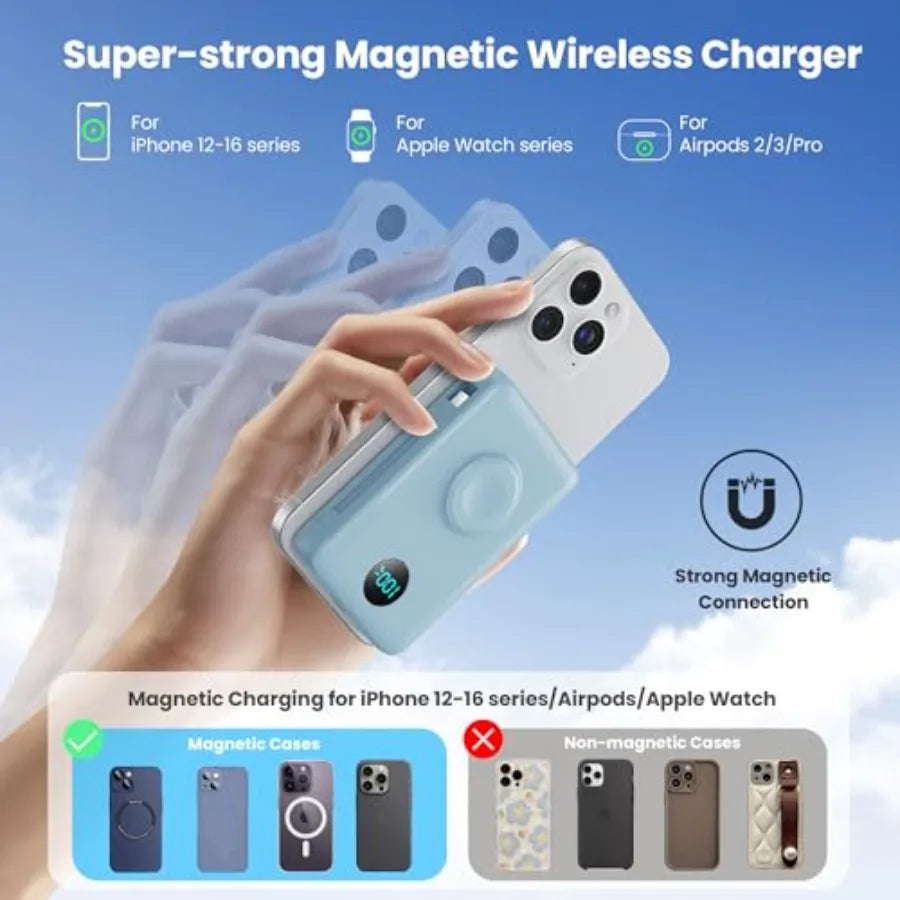 6 in 1 Magnetic Portable Charger for iPhone with Built-in Cables 25W PD Fast Charging Power Bank 6 Outputs LCD Display Travel E