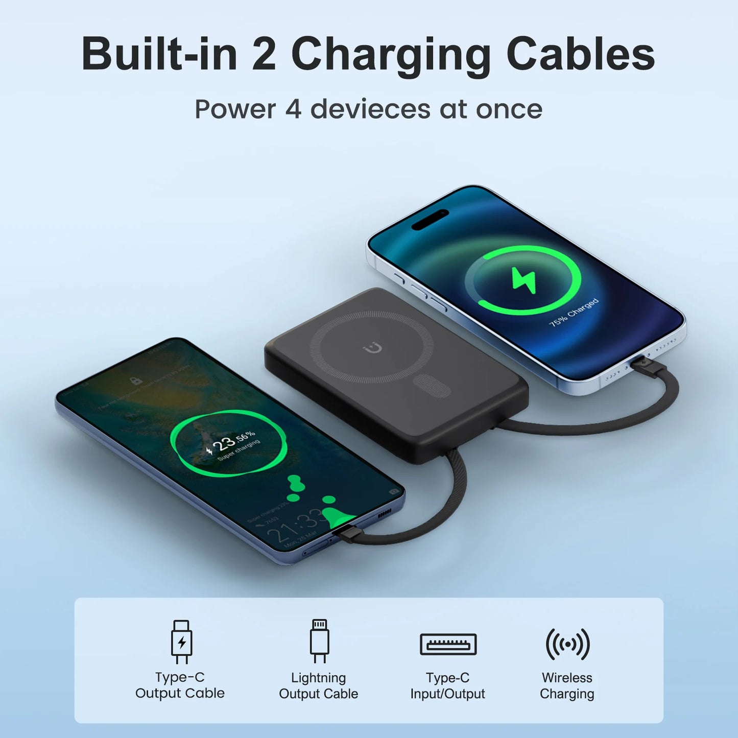 10000mAh Wireless Magnetic Power Bank 2-in-1 Fast Charging PD 22.5W Portable External Battery for For iPhone Samsung iWatch