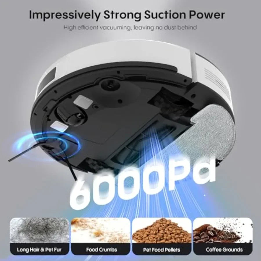 Robot Vacuum and Mop Combo for home use, ABS plastic body, black color, 6000Pa suction with LiDAR mapping and self-emptying sta