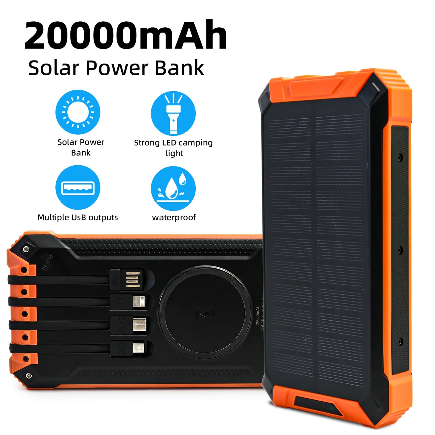 20000mAh Portable Solar Power Bank Wireless Charging 18W Dual LED Lights 4 Built-in Charging for iPhone Android Phones AirPods