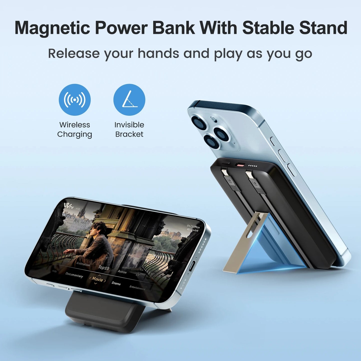 10000mAh Wireless Magnetic Power Bank 2-in-1 Fast Charging PD 22.5W Portable External Battery for For iPhone Samsung iWatch