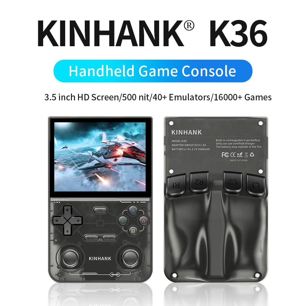 KINHANK Open Source K36 Handheld Game Console 9000 Games Emulator for PS1/PSP/DC/N64/SS 500nit 3.5 Inch IPS Screen