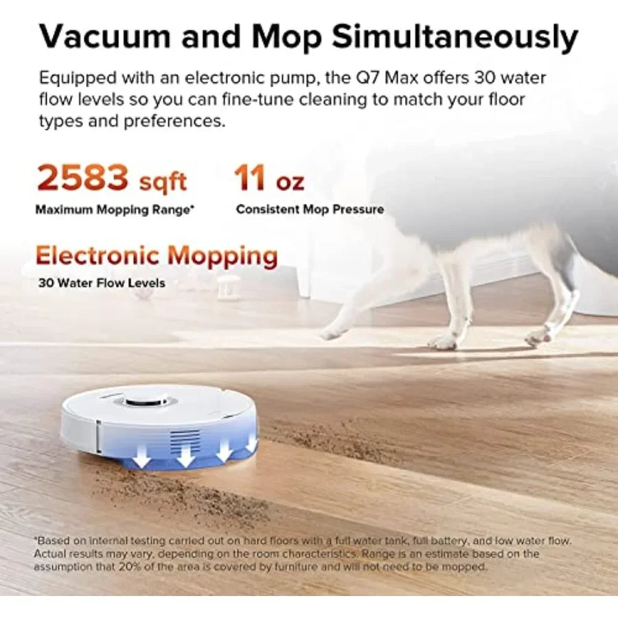 Q7 Max Robot Vacuum and Mop Cleaner with Side Brushes Bundle Renewed for hard floors, rubber and bristle brushes, black, self-c