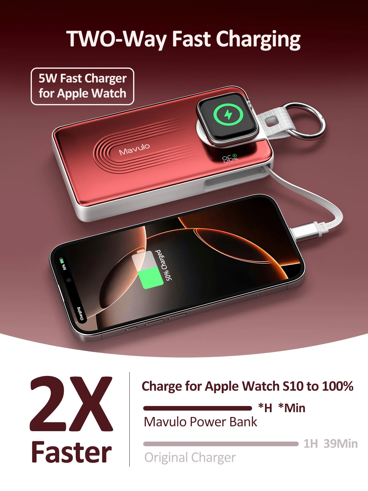 10000mAh Portable Charger for Apple Watch Series& iPhone 17 16 15 , Samsung S25 S24 Battery Pack Built in Cable With LED Display