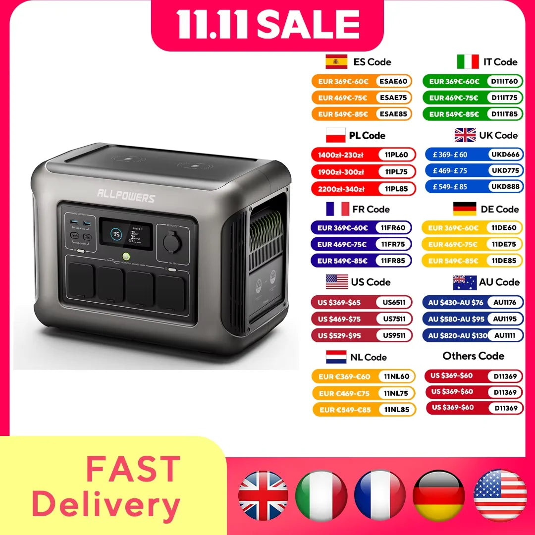 ALLPOWERS R1500 Portable Power Station 1152Wh LiFePO4 Battery with 1800W (3000W Peak) AC Output Solar Generator for Garden Party