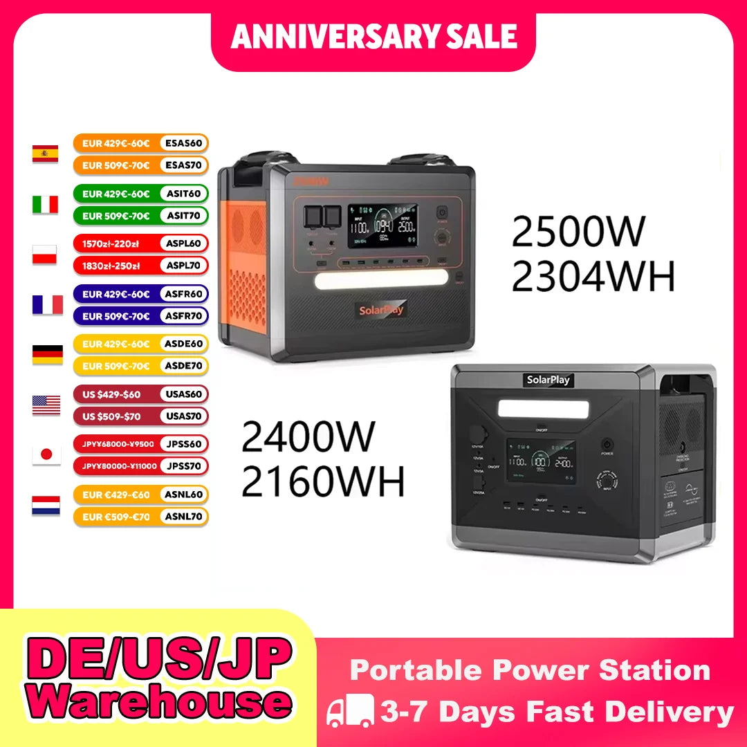SOLARPLA Camping Portable Power Station 2400W /2500W Lifepo4 Battery 220V110V AC Outlets Power Emergency Backup For Home Outdoor
